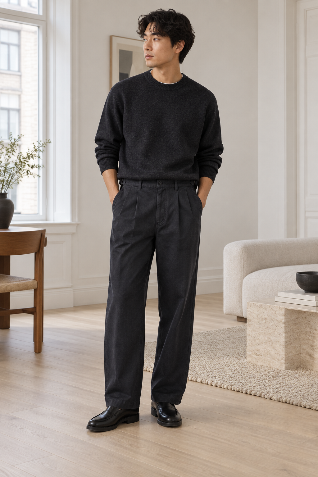 Relaxed Pleat Trouser shown in a typical use setting