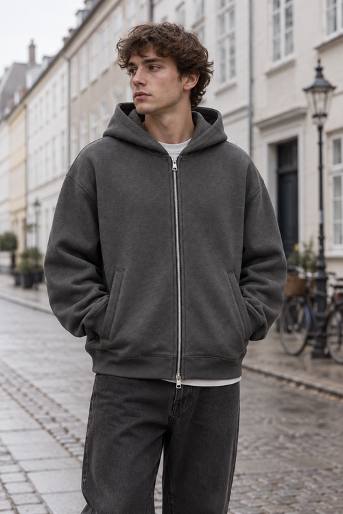 Structured Zip Hoodie shown in a typical use setting