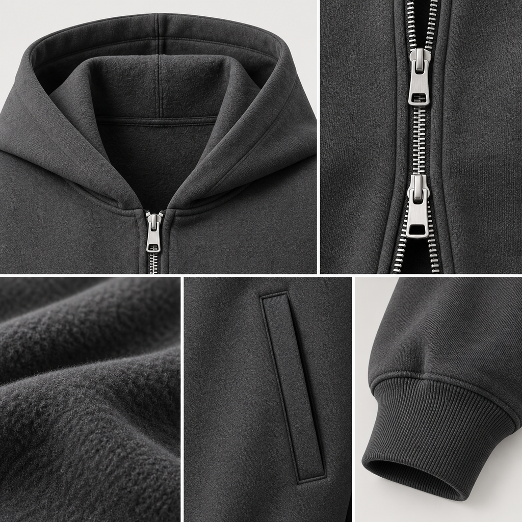 Structured Zip Hoodie Close-up detail of Structured Zip Hoodie