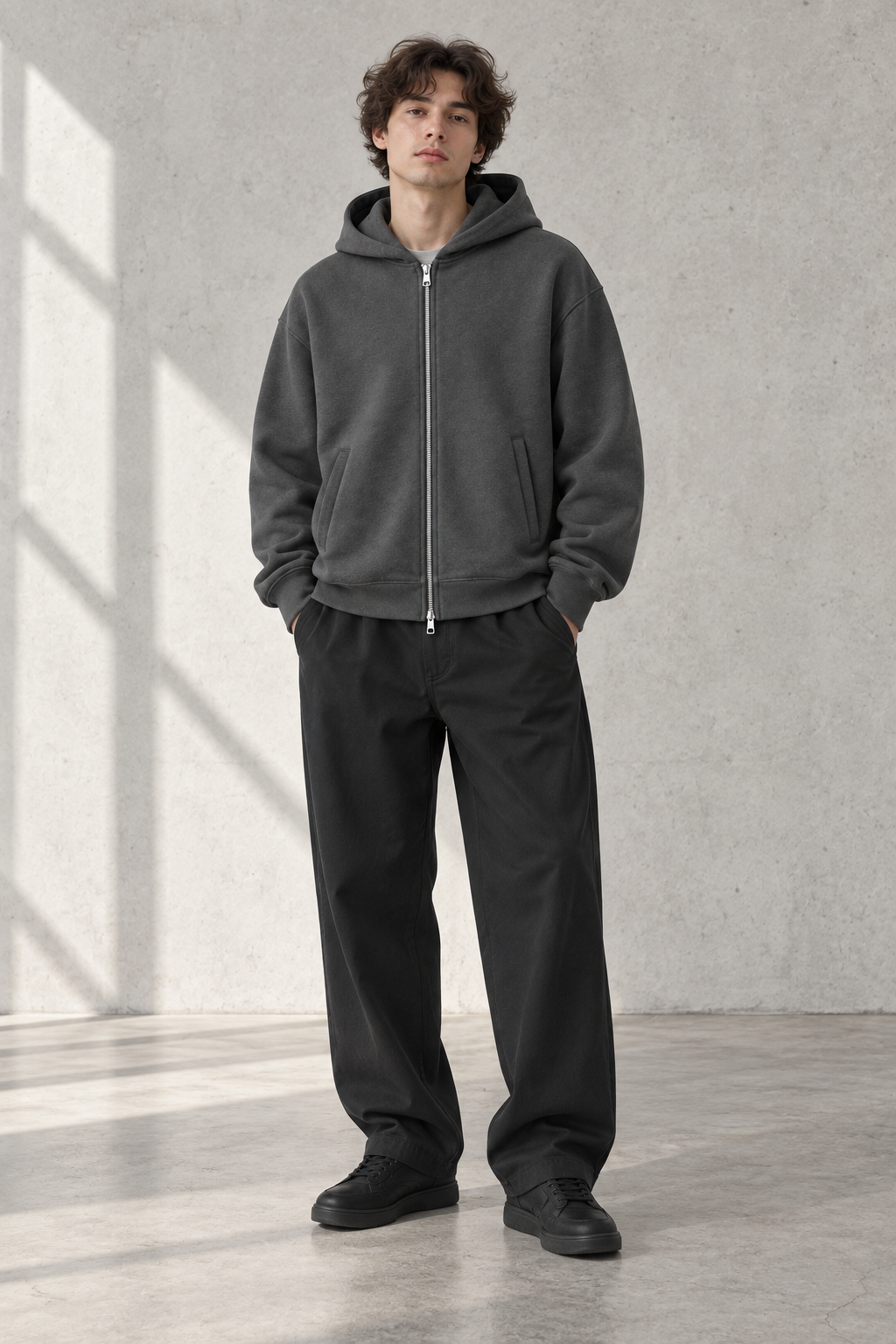 Structured Zip Hoodie worn as part of a styled outfit